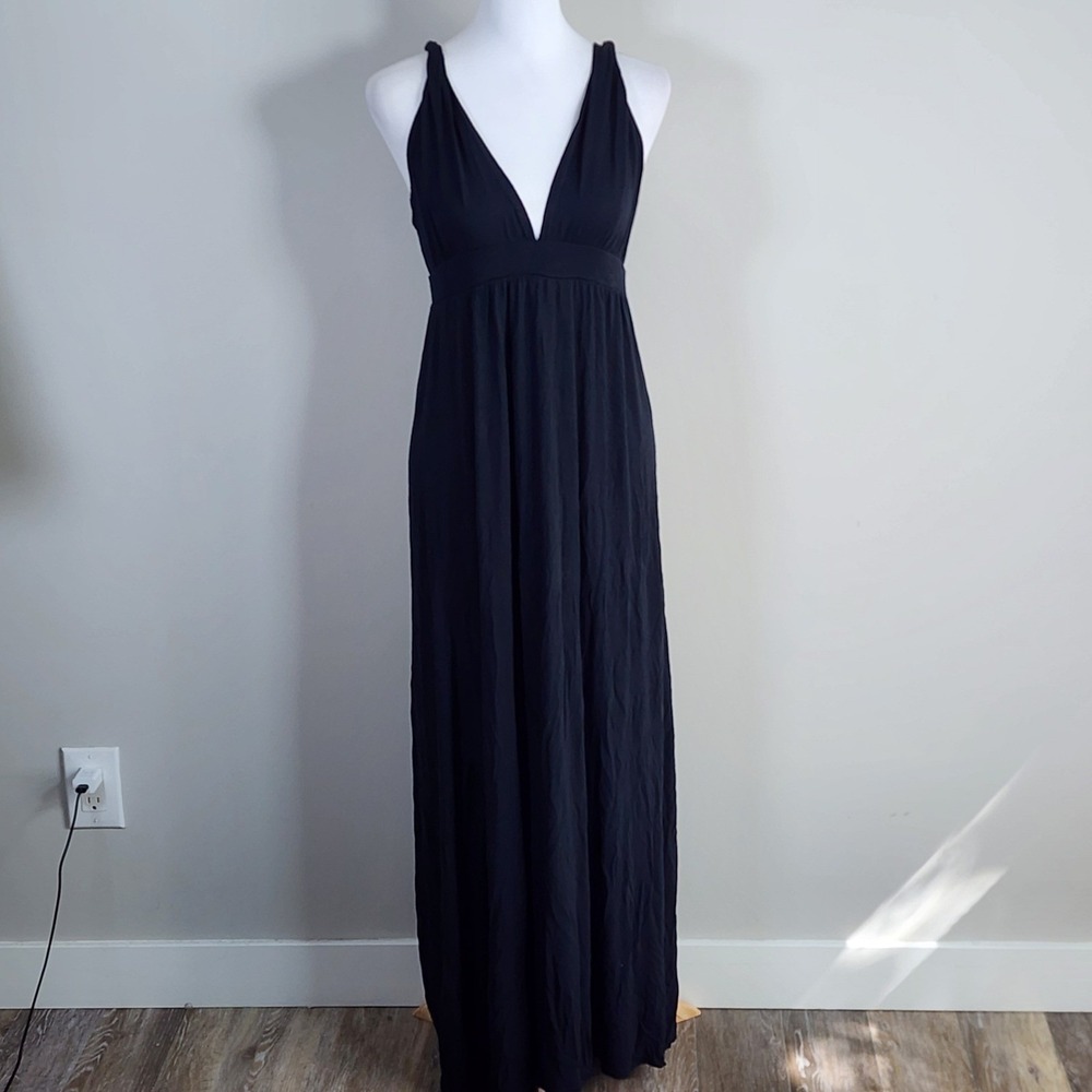 Elan V-Neck Maxi Dress Womens Medium Black Empire Waist Jersey Knit Flowy Resort